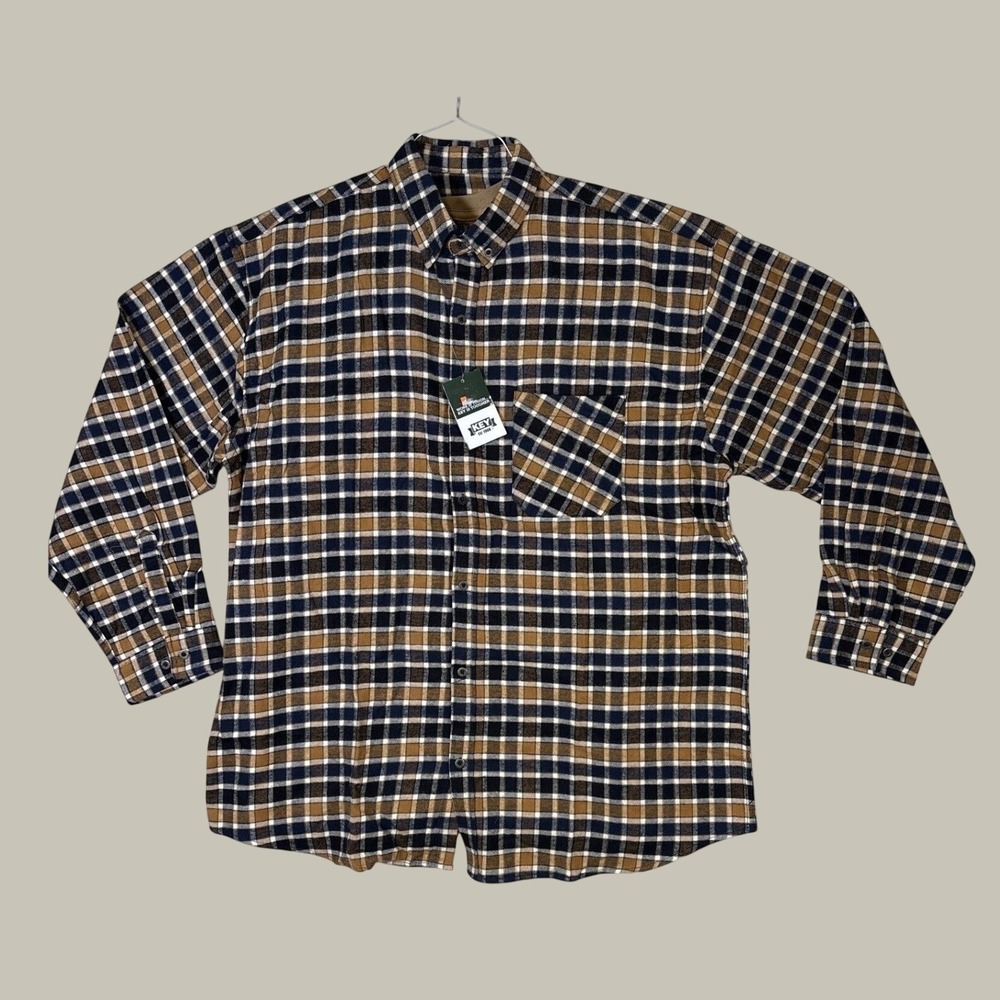 Key Apparel Mens 2XL Plaid Flannel Shirt Jersey Lined Cotton Workwear Brown Navy
